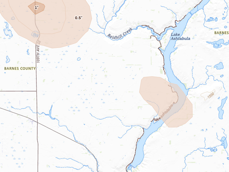 Radar-estimated hail-size map of the storm over Rogers, ND on Jul 4, 2026