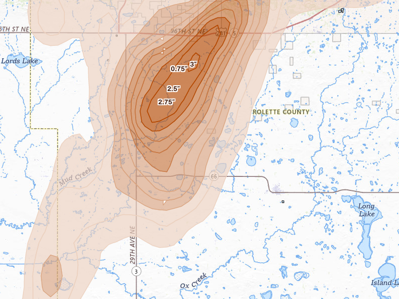 Radar-estimated hail-size map of the storm over Rolette, ND on Jun 2, 2026