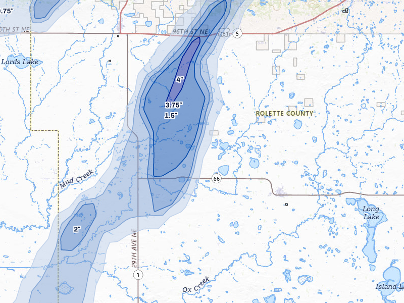 NEXRAD radar-signature map of the hail over Rolette, ND