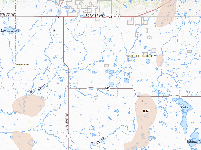 Radar-estimated hail-size map of the storm over Rolette, ND on Jun 9, 2026