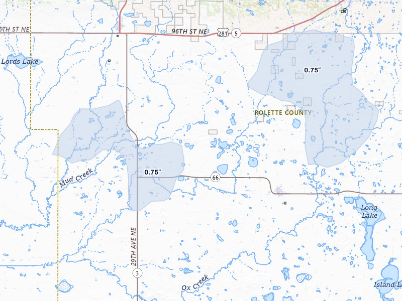 NEXRAD radar-signature map of the hail storm over Rolette, ND on Jun 27, 2026