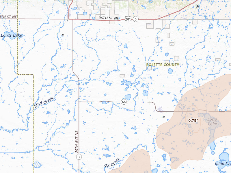 Radar-estimated hail-size map of the storm over Rolette, ND on Jun 28, 2026