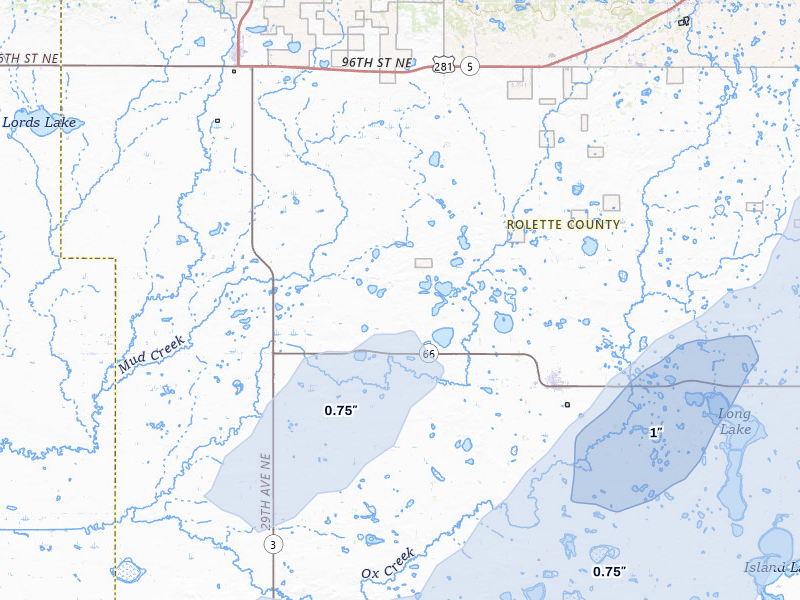 NEXRAD radar-signature map of the hail storm over Rolette, ND on Jun 28, 2026