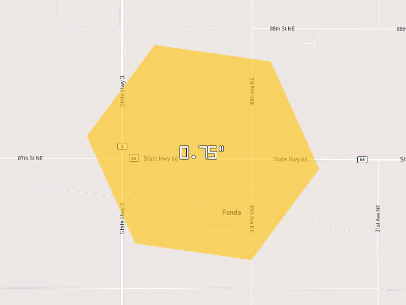 Hail map of Rolette, ND on Jun 28, 2026, hail up to 0.75"