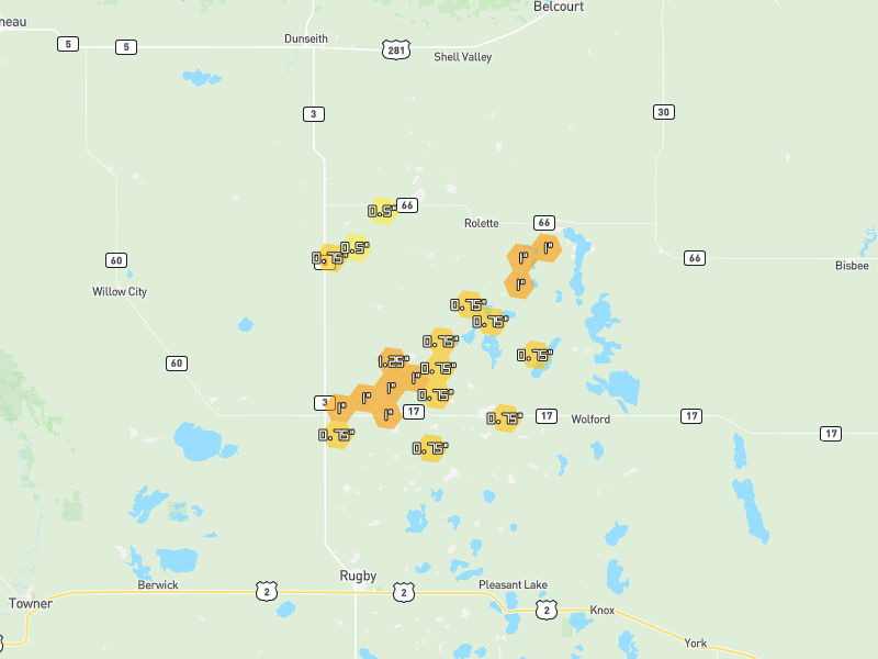 Hail map of Rolette, ND on Jun 29, 2026, hail up to 1.25"