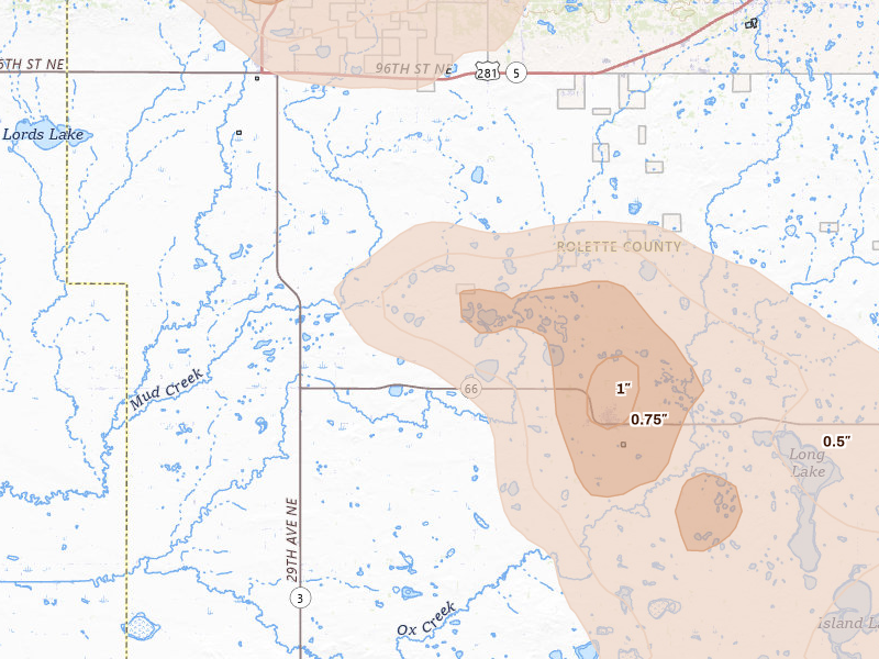 Radar-estimated hail-size map of the storm over Rolette, ND on Jul 16, 2026