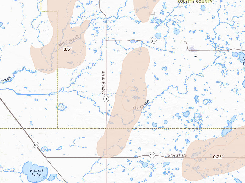Radar-estimated hail-size map of the storm over Rolette, ND on Sep 4, 2026