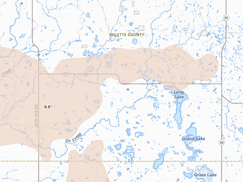 Radar-estimated hail-size map of the storm over Rolette, ND on Sep 5, 2026