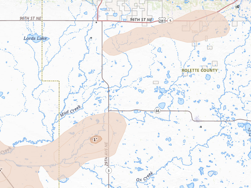 Radar-estimated hail-size map of the storm over Rolette, ND on Sep 6, 2026