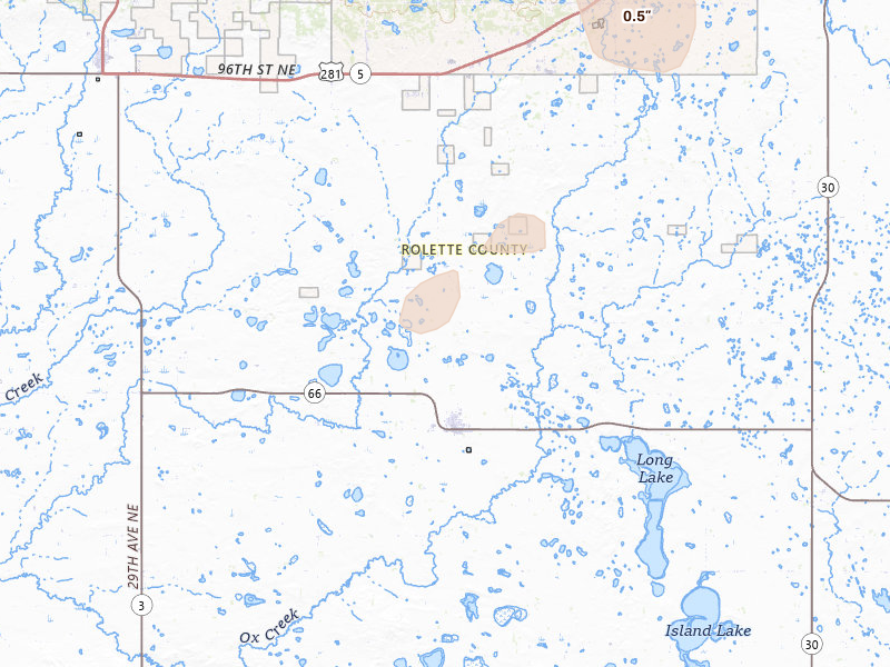 Radar-estimated hail-size map of the storm over Rolette, ND