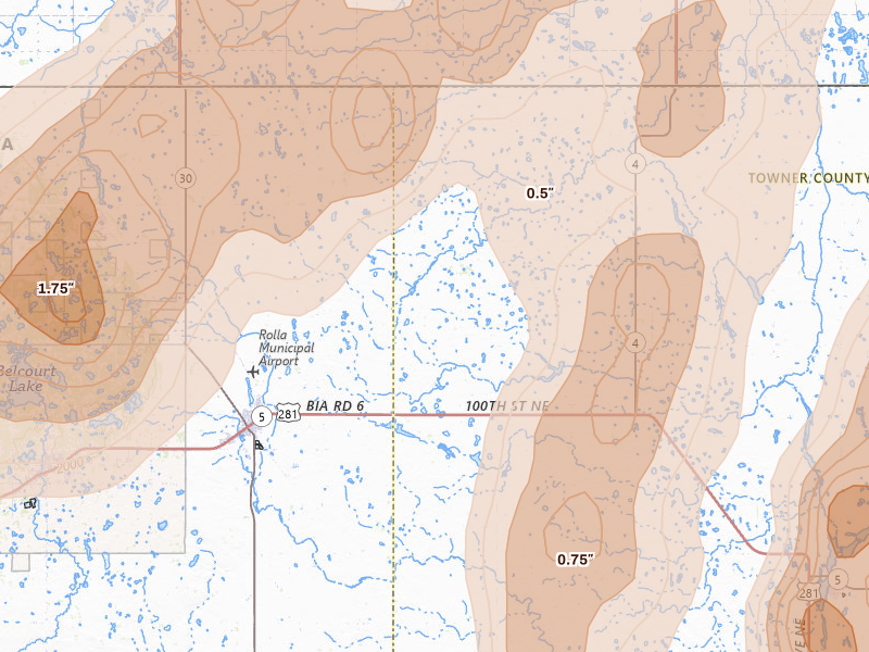 Radar-estimated hail-size map of the storm over Rolla, ND on Jun 2, 2026