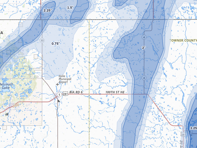 NEXRAD radar-signature map of the hail over Rolla, ND