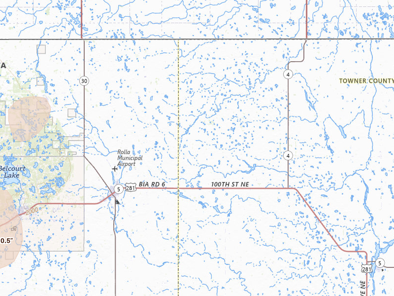 Radar-estimated hail-size map of the storm over Rolla, ND on Jun 9, 2026