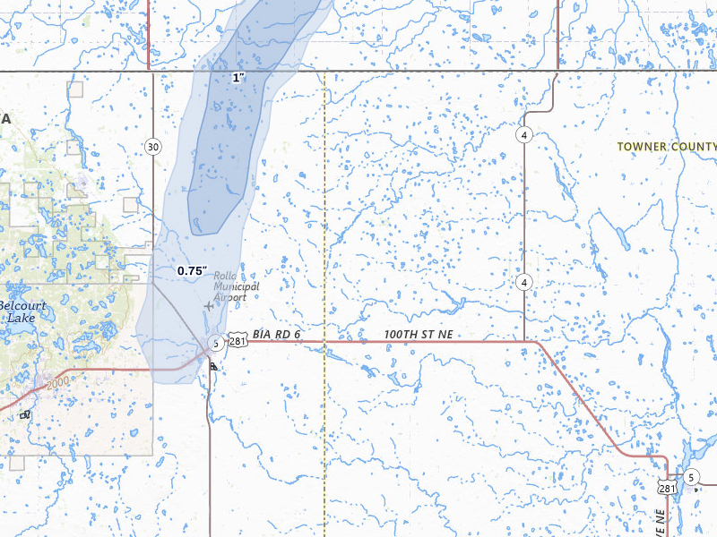 NEXRAD radar-signature map of the hail storm over Rolla, ND on Jun 9, 2026