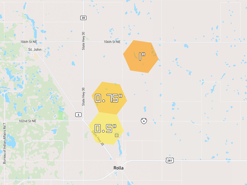 Hail map of Rolla, ND on Jun 9, 2026, hail up to 1"
