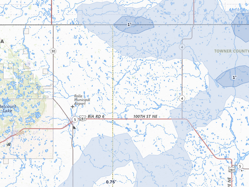 NEXRAD radar-signature map of the hail storm over Rolla, ND on Jun 28, 2026