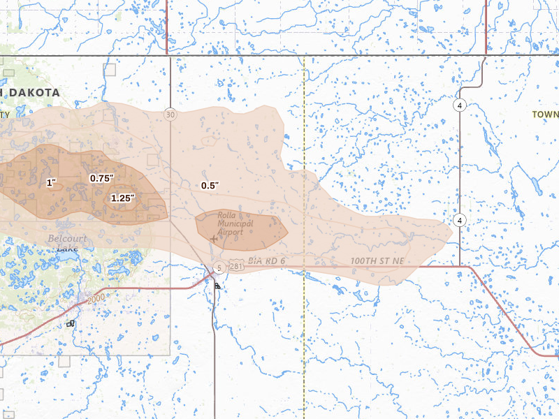 Radar-estimated hail-size map of the storm over Rolla, ND on Sep 5, 2026