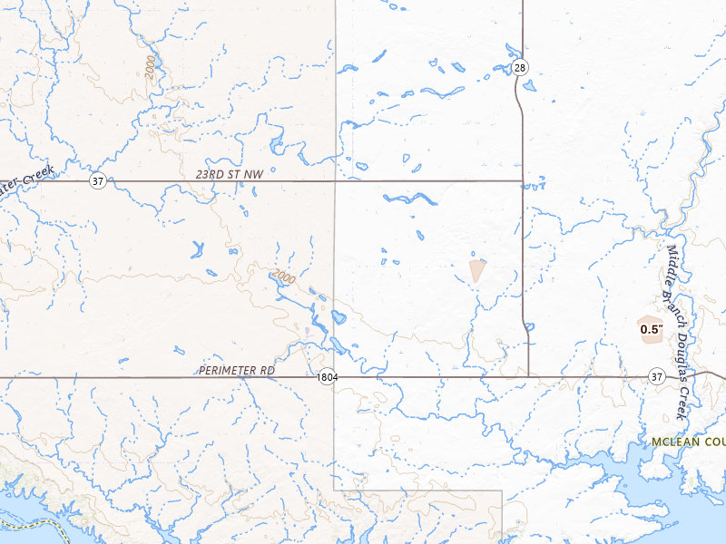 Radar-estimated hail-size map of the storm over Roseglen, ND on Jul 29, 2026