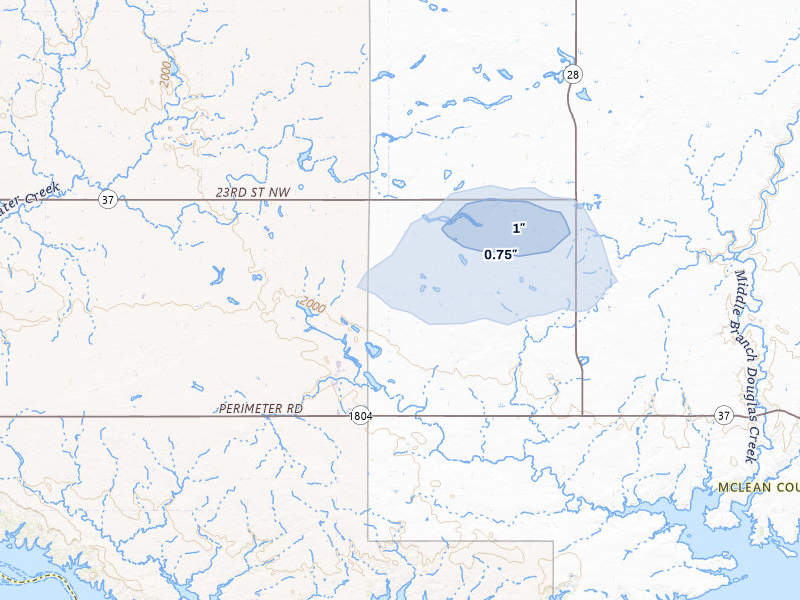 NEXRAD radar-signature map of the hail storm over Roseglen, ND on Jul 29, 2026