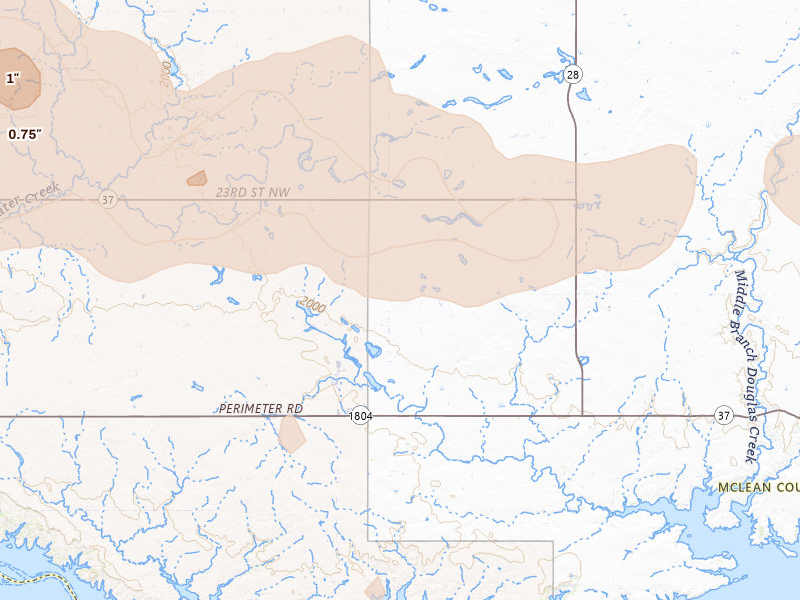 Radar-estimated hail-size map of the storm over Roseglen, ND on Aug 30, 2026