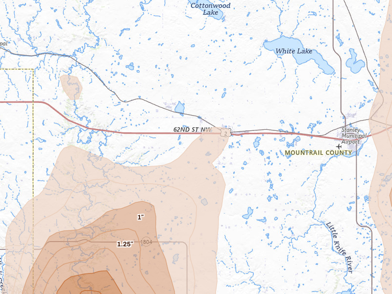 Radar-estimated hail-size map of the storm over Ross, ND on Jun 7, 2026