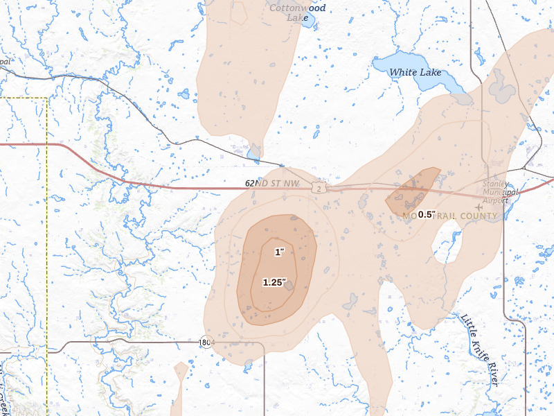 Radar-estimated hail-size map of the storm over Ross, ND on Jun 9, 2026