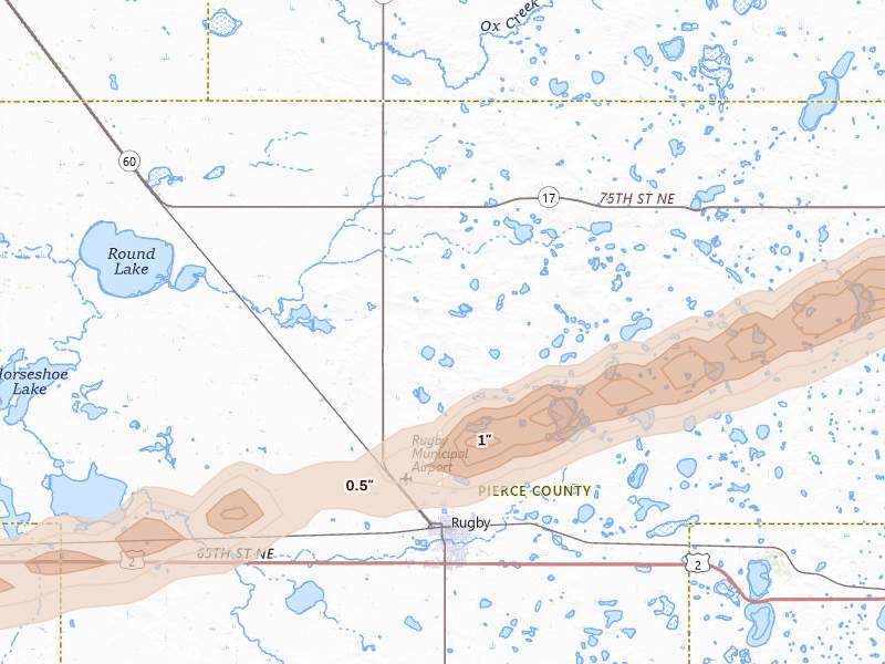 Radar-estimated hail-size map of the storm over Rugby, ND