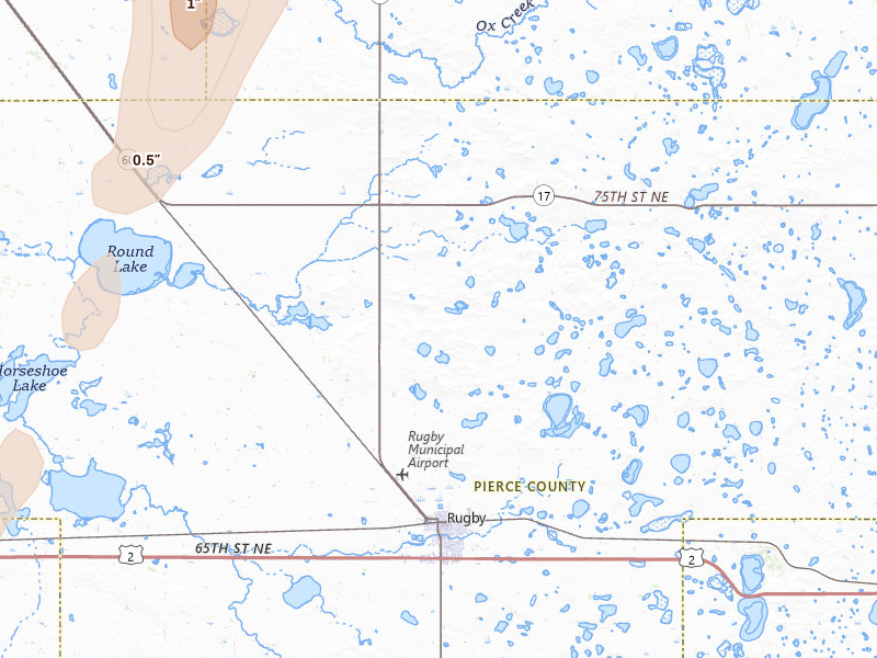Radar-estimated hail-size map of the storm over Rugby, ND on Jun 2, 2026