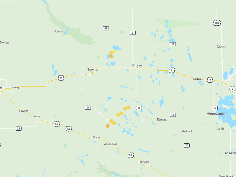 Hail map of Rugby, ND on Jun 2, 2026, hail up to 1.25"
