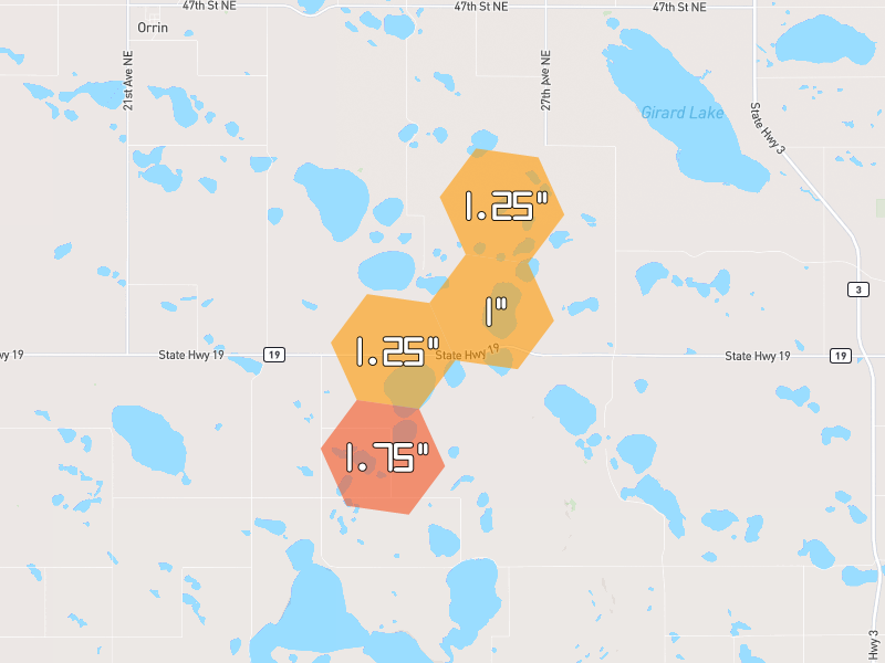 Hail map of Rugby, ND on Jun 3, 2026, hail up to 1.75"