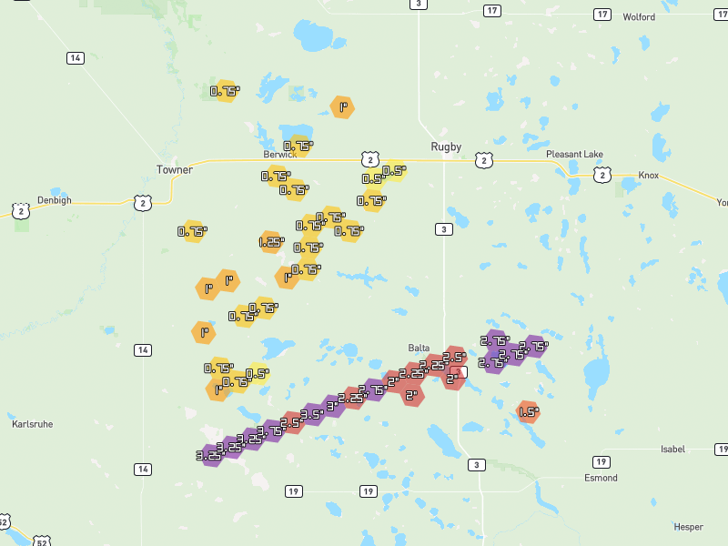 Hail map of Rugby, ND on Jun 29, 2026, hail up to 3.75"