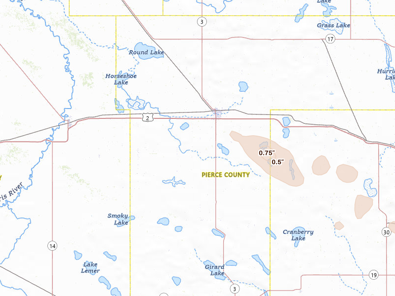 Radar-estimated hail-size map of the storm over Rugby, ND on Aug 23, 2026