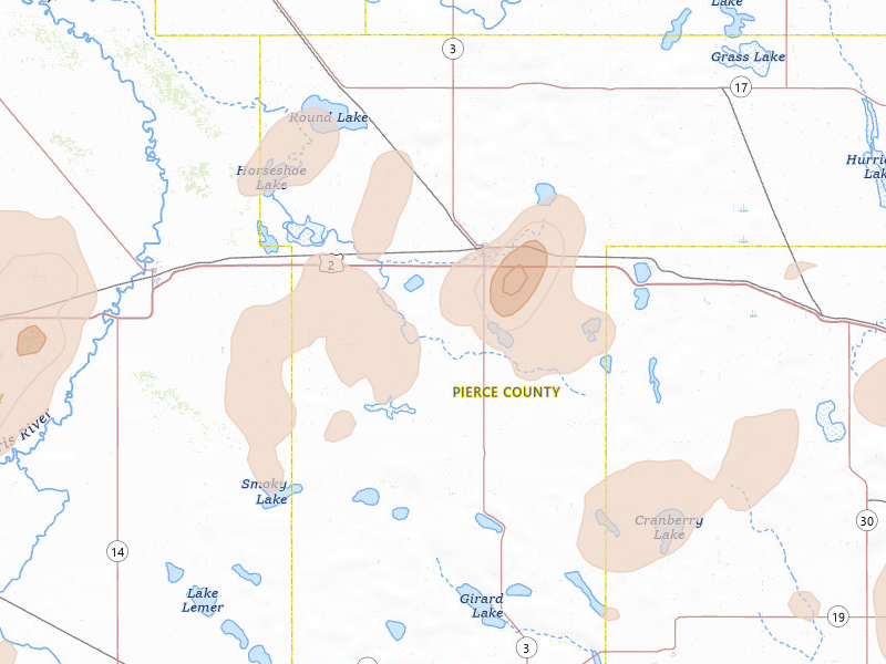 Radar-estimated hail-size map of the storm over Rugby, ND on Sep 3, 2026