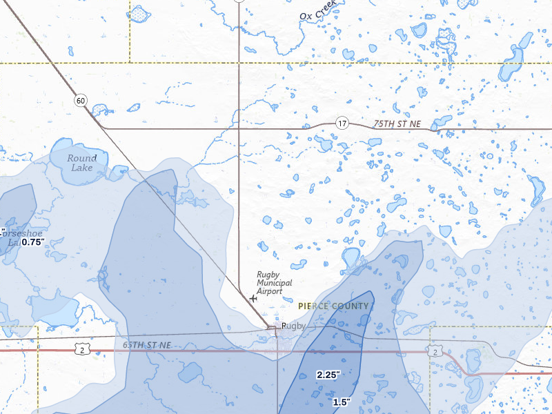 NEXRAD radar-signature map of the hail storm over Rugby, ND on Sep 3, 2026