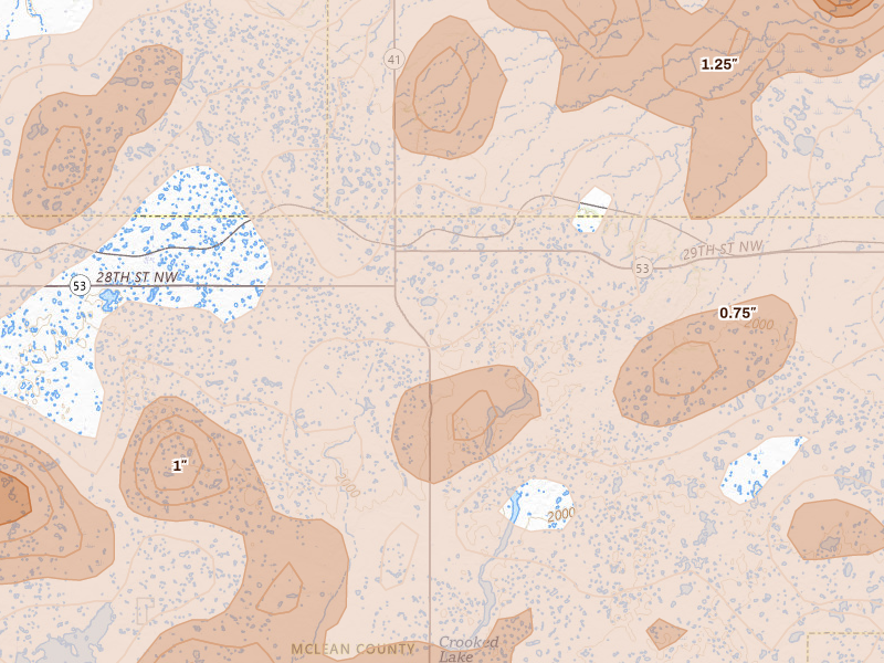 Radar-estimated hail-size map of the storm over Ruso, ND on Jun 28, 2026