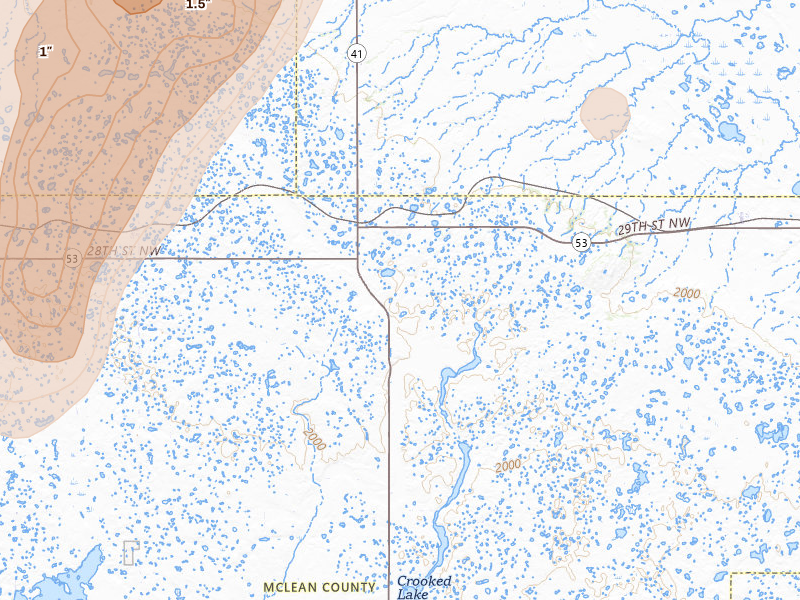 Radar-estimated hail-size map of the storm over Ruso, ND on Jun 29, 2026