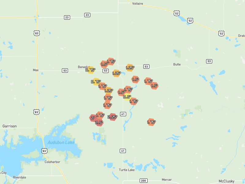 Hail map of Ruso, ND on Jun 29, 2026, hail up to 2.5"