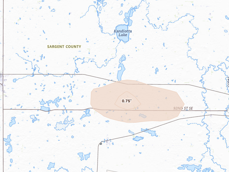 Radar-estimated hail-size map of the storm over Rutland, ND on Jul 6, 2026