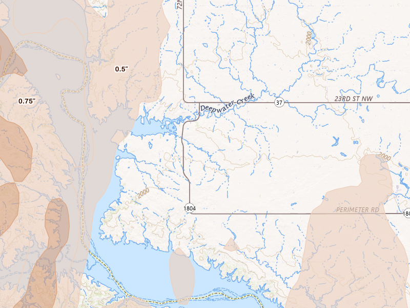 Radar-estimated hail-size map of the storm over Ryder, ND on Jun 7, 2026