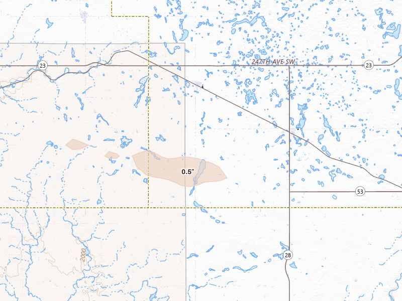 Radar-estimated hail-size map of the storm over Ryder, ND on Aug 27, 2026