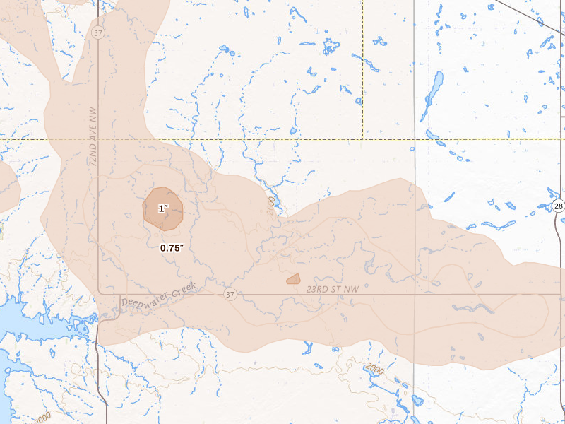 Radar-estimated hail-size map of the storm over Ryder, ND on Aug 30, 2026