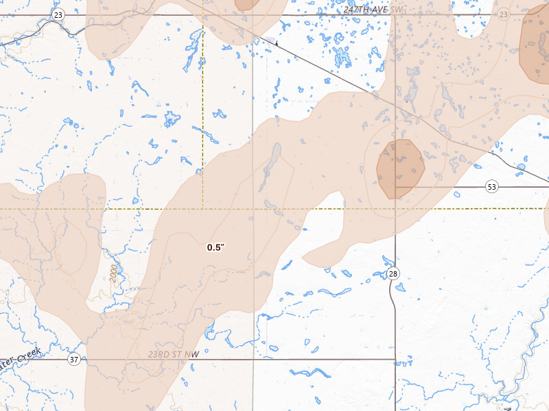 Radar-estimated hail-size map of the storm over Ryder, ND on Sep 2, 2026