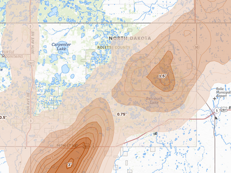 Radar-estimated hail-size map of the storm over Saint John, ND on Jun 2, 2026