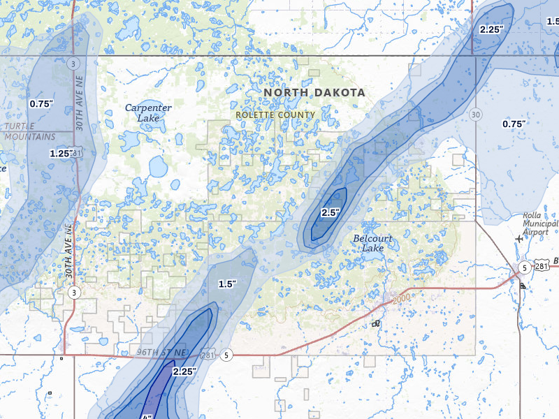 NEXRAD radar-signature map of the hail over Saint John, ND