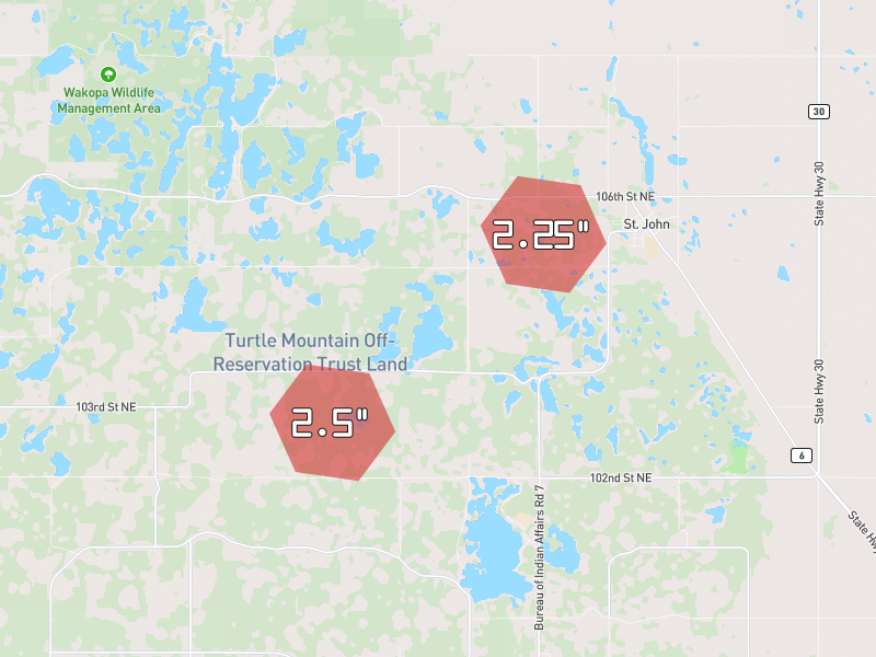 Hail map of Saint John, ND on Jun 2, 2026, hail up to 2.5"