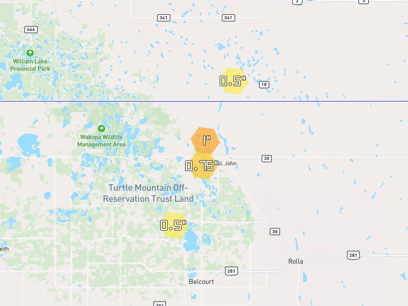 Hail map of Saint John, ND on Jun 28, 2026, hail up to 1"