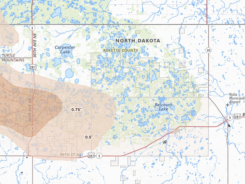 Radar-estimated hail-size map of the storm over Saint John, ND on Jul 16, 2026