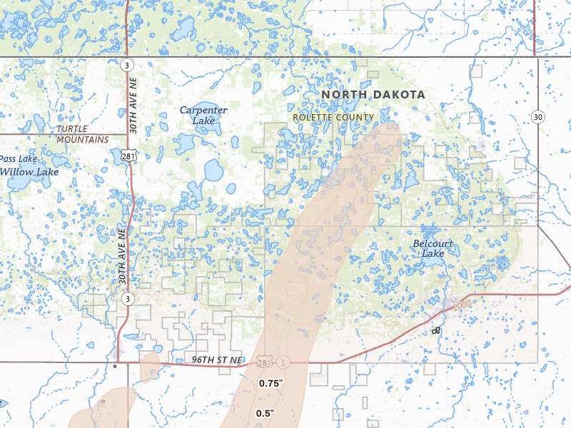 Radar-estimated hail-size map of the storm over Saint John, ND