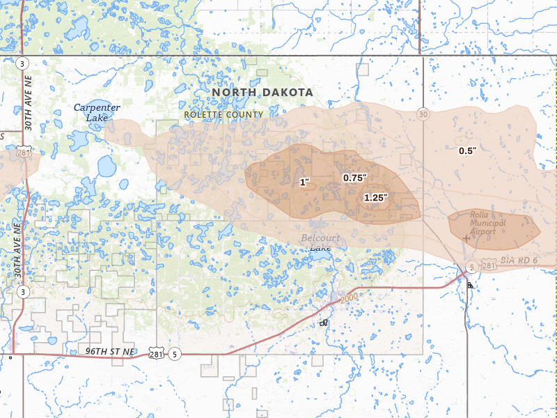 Radar-estimated hail-size map of the storm over Saint John, ND