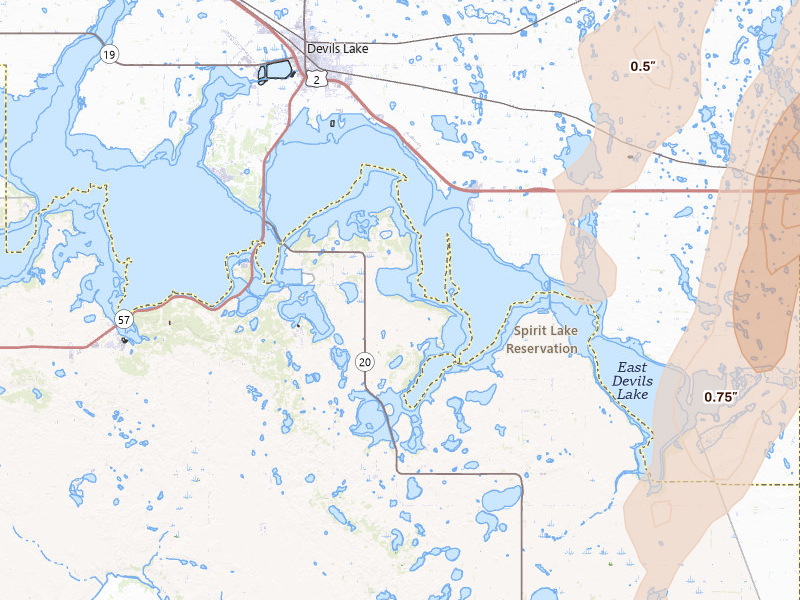 Radar-estimated hail-size map of the storm over Saint Michael, ND on Jun 2, 2026